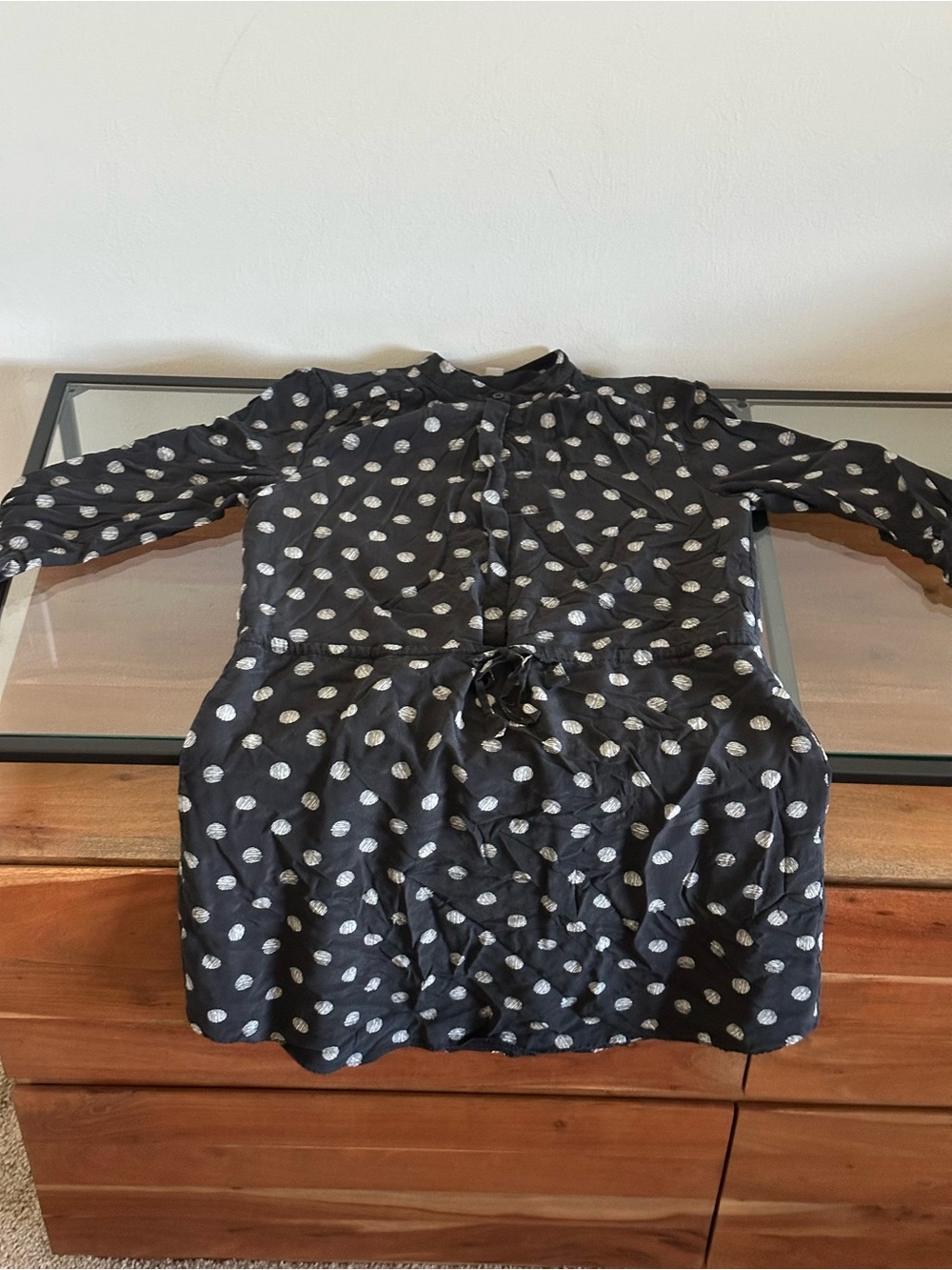 Fossil XS 100% Silk Lining Black Metallic Polka Dot Tie Waist Dress Retro Twee